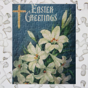 Vintage Religious Easter Greetings, Lily Flowers Jigsaw Puzzle