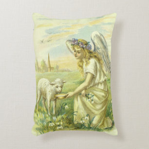Vintage Religious Easter Victorian Angel with Lamb Accent Pillow