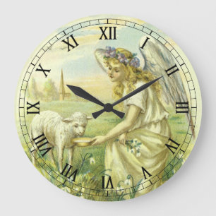 Vintage Religious Easter Victorian Angel with Lamb Large Clock