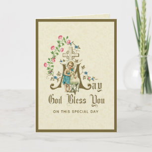 Vintage Religious Jesus with Lamb Floral Roses Holiday Card