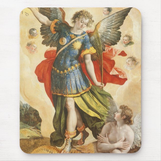 Vintage Religious, Saint Michael Defeats Lucifer Mouse Pad (Front)
