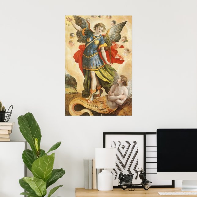 Vintage Religious, Saint Michael Defeats Lucifer Poster (Home Office)