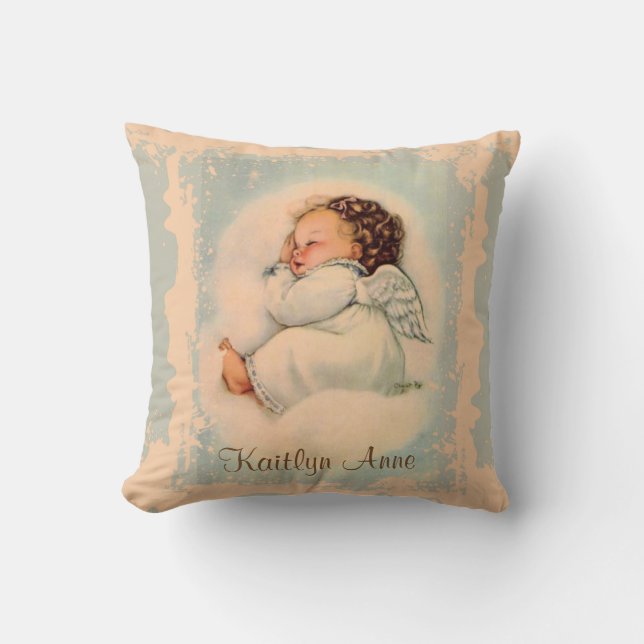 Vintage Religious Sleeping Baby Guardian Angel Throw Pillow (Front)