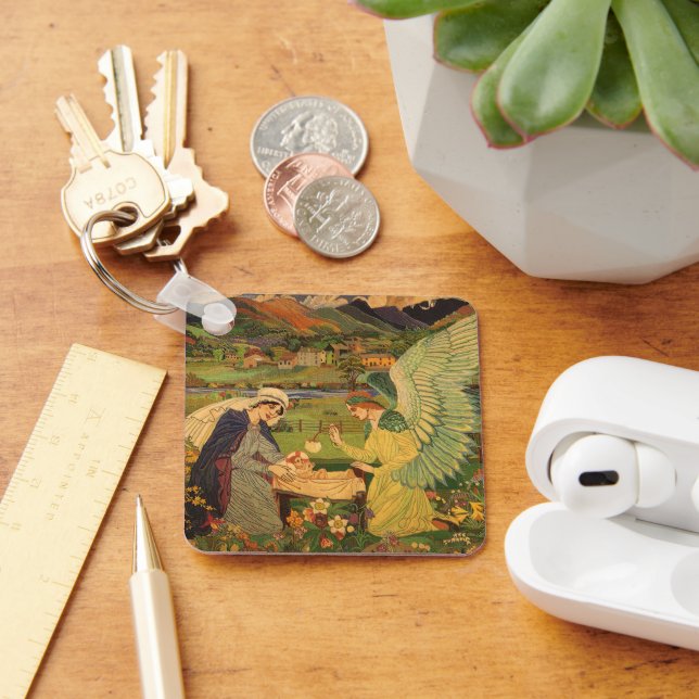 Vintage Religious Tapestry with Baby Jesus Christ Keychain (Desk)