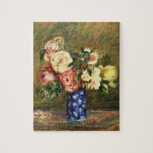 Vintage Renoir Pink Rose Bouquet Blue Vase Art Jigsaw Puzzle