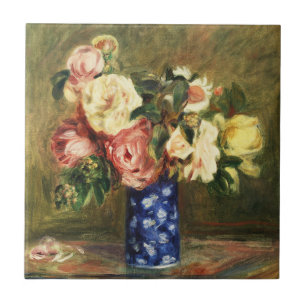 Vintage Renoir Pink Rose Bouquet Blue Vase Art Tile