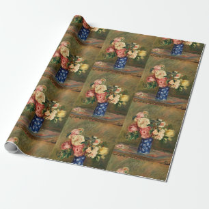 Vintage Renoir Pink Rose Bouquet Blue Vase Art Wrapping Paper