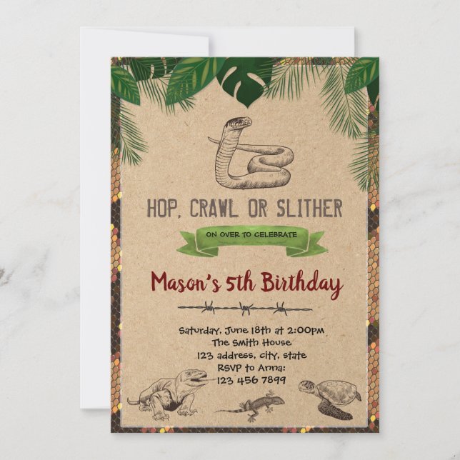 Vintage reptile birthday party invitation (Front)