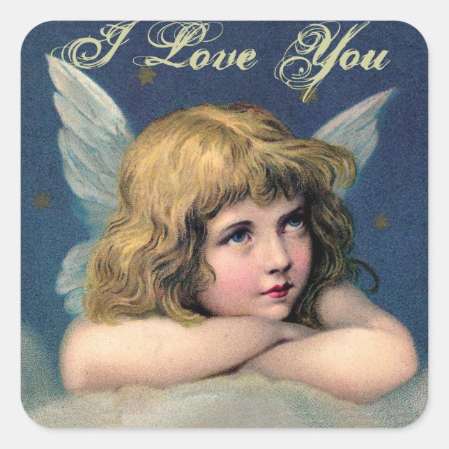 Vintage Resting Angel -I Love You- Square Stickers (Front)