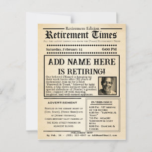 Vintage “Retirement Times” Newspaper Invitation  Postcard