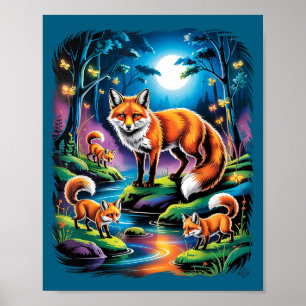 Vintage Retro 90s Airbrushed Forest Fox Family Wil Poster
