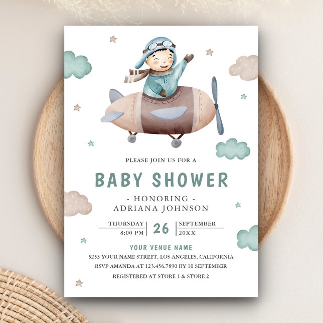 Vintage Retro Airplane Cute Pilot Baby Shower Invitation (Creator Uploaded)
