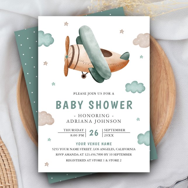 Vintage Retro Airplane Cute Pilot Baby Shower Invitation (Creator Uploaded)