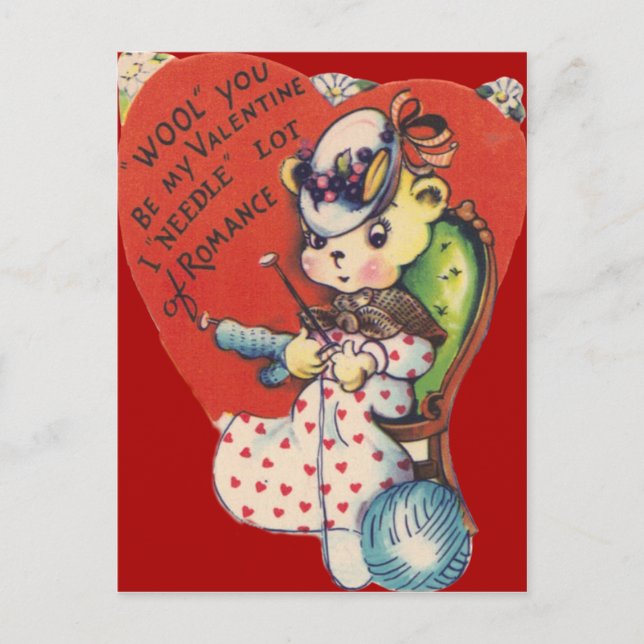 Vintage Retro Bear Knitting Valentine Card (Front)