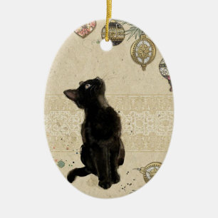 Vintage Retro Black Cat Sees Christmas Ornamants Ceramic Ornament