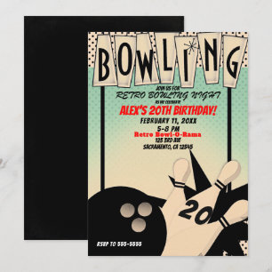 Vintage Retro Bowling Bowl Night Birthday Party Invitation