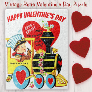 Vintage Retro Boy on Train Valentine's Day Jigsaw Puzzle