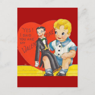 Vintage Retro Boy & Ventriloquist Dummy Valentine Holiday Postcard