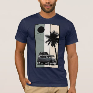 Vintage Retro Camper Van Palm Tree Beach Sunset Gr T-Shirt