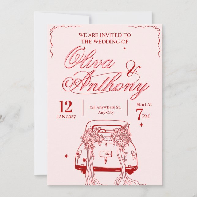 Vintage Retro Car Wedding Invitation (Front)