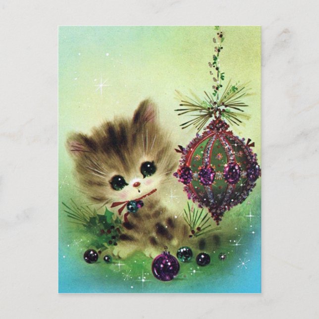 Vintage retro cat Christmas holiday postcard (Front)