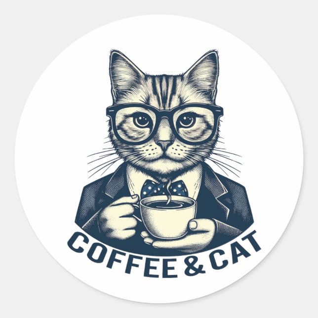 Vintage retro cat coffee (2) classic round sticker (Front)