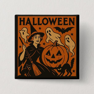Vintage/retro cat, ghost, pumpkin & witch 2 inch square button