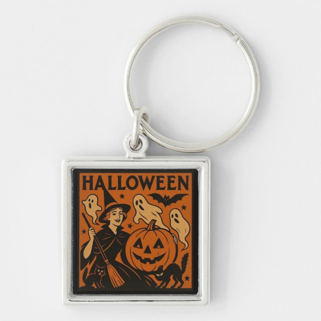 Vintage/retro cat, ghost, pumpkin & witch keychain (Front)