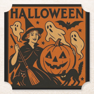 Vintage/retro cat, ghost, pumpkin & witch paper coaster