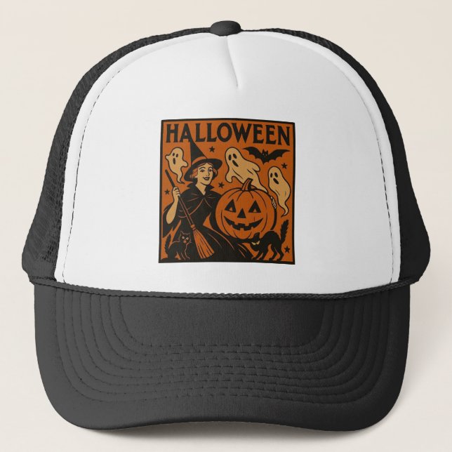 Vintage/retro cat, ghost, pumpkin & witch trucker hat (Front)