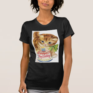 Vintage Retro Cat Kitten Birthday Cake Greeting T-Shirt