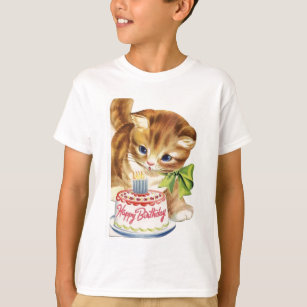 Vintage Retro Cat Kitten Birthday Cake Greeting T-Shirt