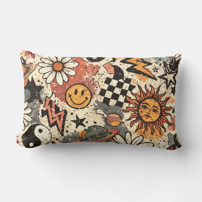 Vintage Retro Celestial Grunge Pattern Lumbar Pillow (Front)