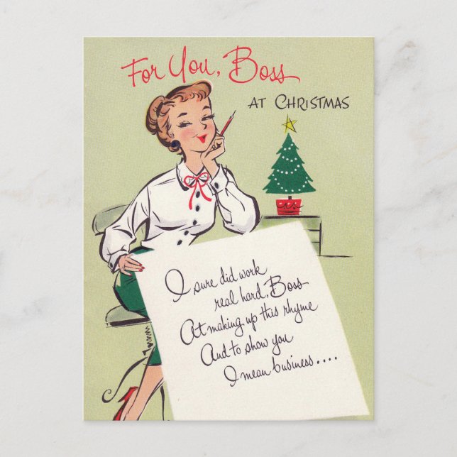 Vintage retro Christmas boss woman postcard (Front)
