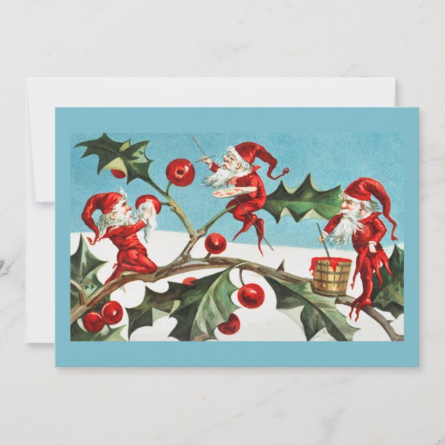 Vintage Retro Christmas Card Holly & Pixies (Front)