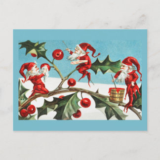 Vintage Retro Christmas Card Holly & Pixies