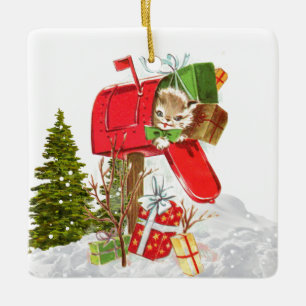 Vintage Retro Christmas Cat Ceramic Ornament