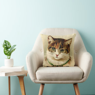 Vintage Retro Christmas Cat With Bells Throw Pillow