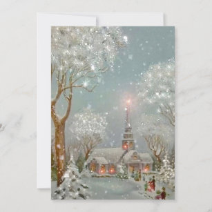 Vintage Retro Christmas Church Glitter Winter Holiday Card