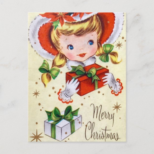 Vintage retro Christmas girl Holiday postcard (Front)