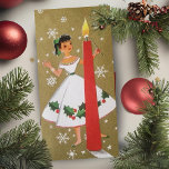 Vintage Retro Christmas Girl In Gold and White Holiday Card<br><div class="desc">This mid-century vintage card features a young lady,  dressed in a beautiful white Christmas dress,  lighting a large red pillar candle.  The gold back ground is accented by large white snowflakes.</div>