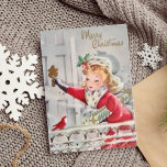 Vintage Retro Christmas Girl with Gifts Custom Holiday Card<br><div class="desc">A mid-century vintage illustration of a beautiful girl carrying wrapped Christmas gifts and knocking on a front door while a cute little red bird looks on. Sentiment inside the cards reads "May the Holidays bring happiness and joy to you and your loved ones. Merry Christmas!" and can be changed or...</div>