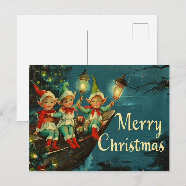 Vintage Retro Christmas: Happy Elves Holiday Postcard (Front/Back)