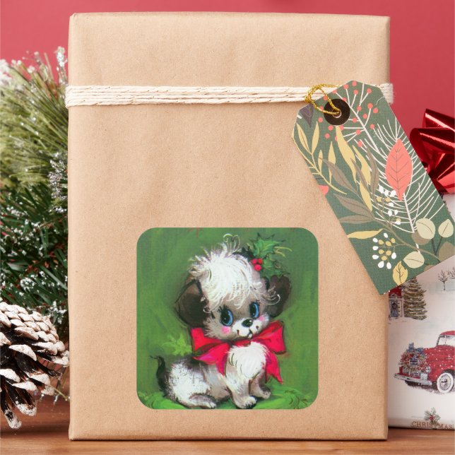 Vintage retro Christmas Holiday puppy sticker (Holiday)