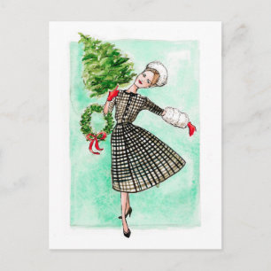 Vintage retro Christmas Holiday woman postcard