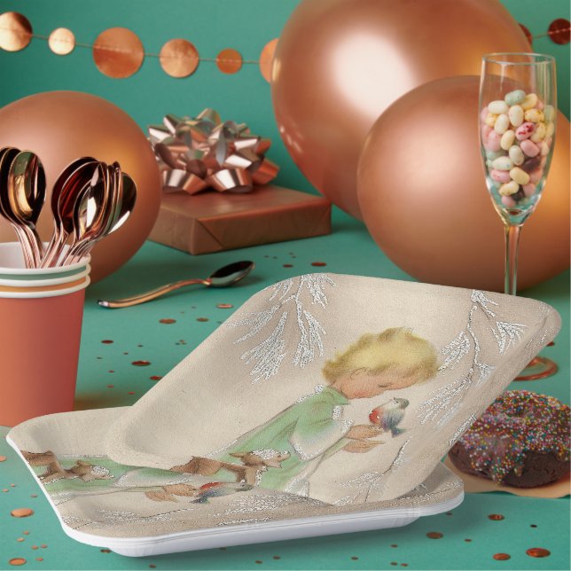 Vintage retro Christmas kid deer bird party plate (Multi)