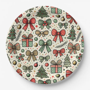 Vintage Retro Christmas Polka Dots Bows Pattern Paper Plate