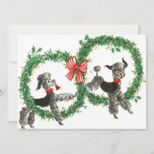 Vintage Retro Christmas Poodle Dogs In Wreath Holiday Card