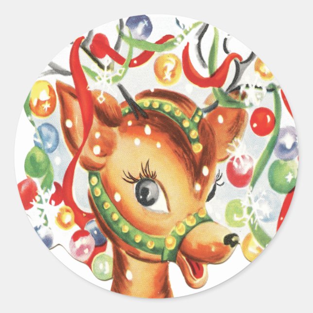 Vintage Retro Christmas Reindeer Confetti Classic Round Sticker (Front)