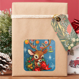 Vintage retro Christmas reindeer Holiday sticker